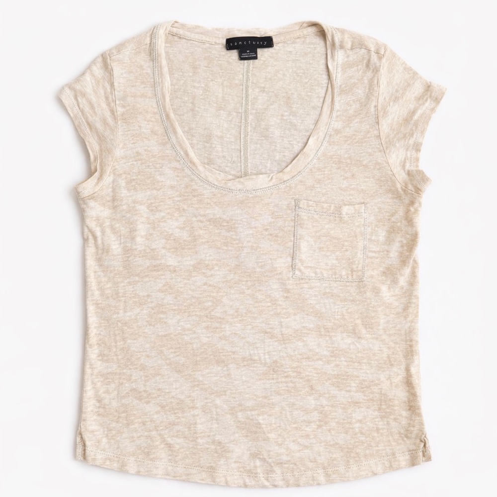 Sanctuary Linen Scoop Neck Pocket Tee Cream Neutral Lightweight Medium